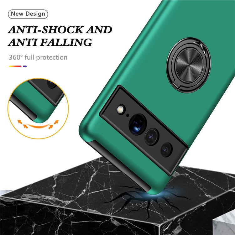 For Google Pixel 7 Pro 5G Anti-fall Kickstand Phone Cover Hard PC Soft TPU Hybrid Protection Back Cover, Support Magnetic Car Mount - Blackish Green