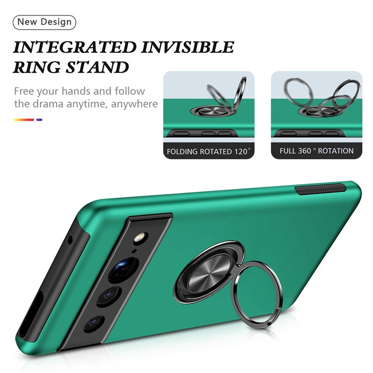 For Google Pixel 7 Pro 5G Anti-fall Kickstand Phone Cover Hard PC Soft TPU Hybrid Protection Back Cover, Support Magnetic Car Mount - Blackish Green