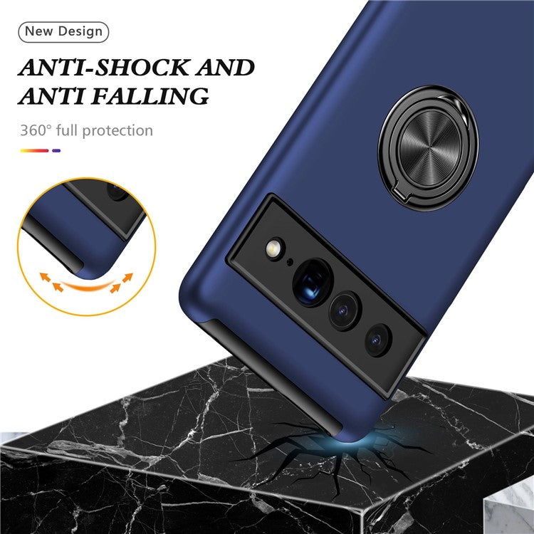 For Google Pixel 7 Pro 5G Anti-fall Kickstand Phone Cover Hard PC Soft TPU Hybrid Protection Back Cover, Support Magnetic Car Mount - Blue
