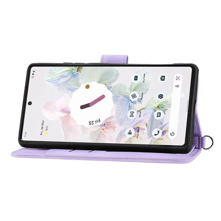 For Google Pixel 7 Pro 5G Imprinted Flowers PU Leather Stand Multiple Card Slots Case Skin-touch Phone Cover with Wrist Strap and Shoulder Strap - Light Purple