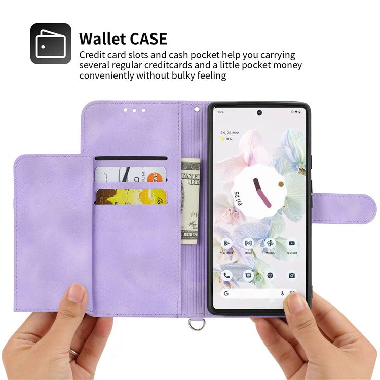 For Google Pixel 7 Pro 5G Imprinted Flowers PU Leather Stand Multiple Card Slots Case Skin-touch Phone Cover with Wrist Strap and Shoulder Strap - Light Purple