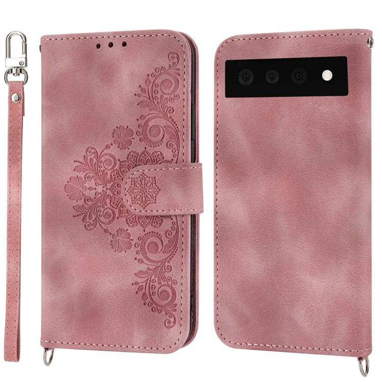 For Google Pixel 7 Pro 5G Imprinted Flowers PU Leather Stand Multiple Card Slots Case Skin-touch Phone Cover with Wrist Strap and Shoulder Strap - Pink