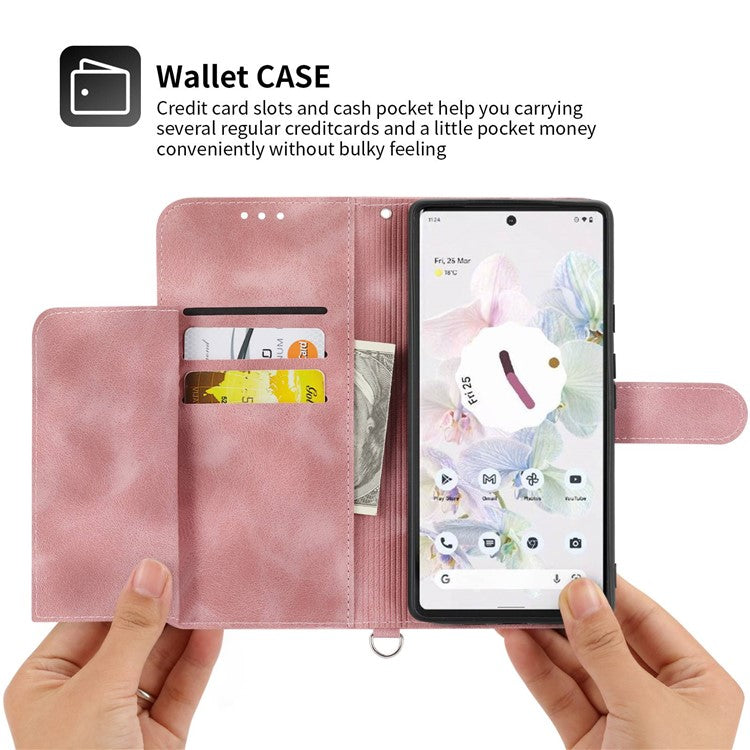 For Google Pixel 7 Pro 5G Imprinted Flowers PU Leather Stand Multiple Card Slots Case Skin-touch Phone Cover with Wrist Strap and Shoulder Strap - Pink
