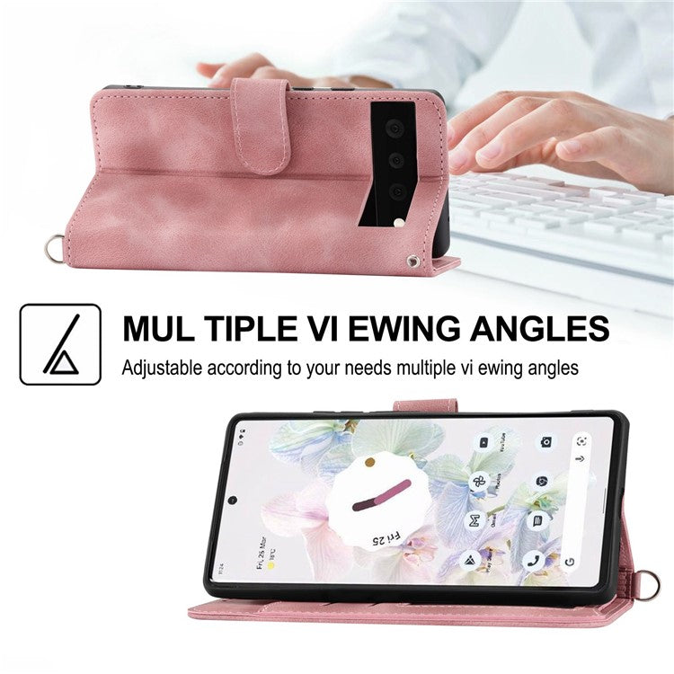For Google Pixel 7 Pro 5G Imprinted Flowers PU Leather Stand Multiple Card Slots Case Skin-touch Phone Cover with Wrist Strap and Shoulder Strap - Pink