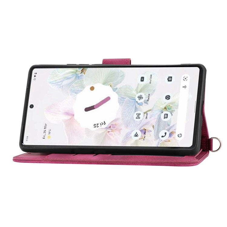For Google Pixel 7 Pro 5G Imprinted Flowers PU Leather Stand Multiple Card Slots Case Skin-touch Phone Cover with Wrist Strap and Shoulder Strap - Wine Red