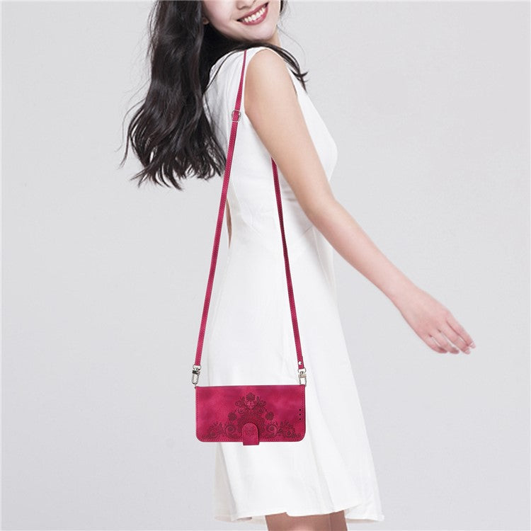 For Google Pixel 7 Pro 5G Imprinted Flowers PU Leather Stand Multiple Card Slots Case Skin-touch Phone Cover with Wrist Strap and Shoulder Strap - Wine Red