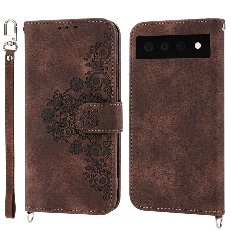 For Google Pixel 7 Pro 5G Imprinted Flowers PU Leather Stand Multiple Card Slots Case Skin-touch Phone Cover with Wrist Strap and Shoulder Strap - Brown