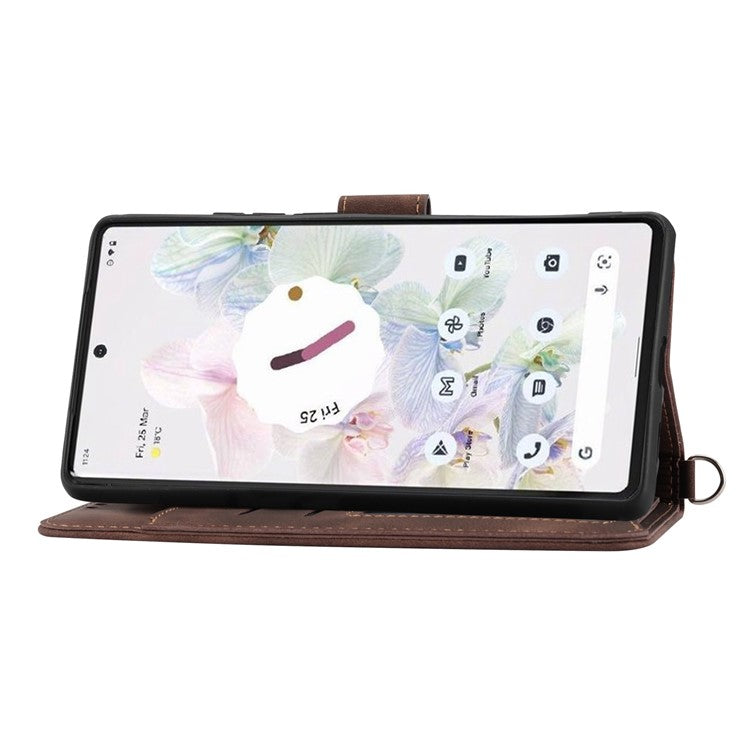 For Google Pixel 7 Pro 5G Imprinted Flowers PU Leather Stand Multiple Card Slots Case Skin-touch Phone Cover with Wrist Strap and Shoulder Strap - Brown