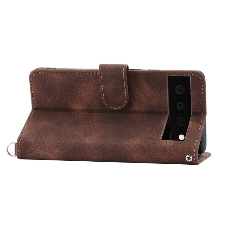 For Google Pixel 7 Pro 5G Imprinted Flowers PU Leather Stand Multiple Card Slots Case Skin-touch Phone Cover with Wrist Strap and Shoulder Strap - Brown