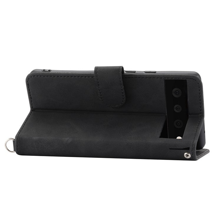 For Google Pixel 7 Pro 5G Imprinted Flowers PU Leather Stand Multiple Card Slots Case Skin-touch Phone Cover with Wrist Strap and Shoulder Strap - Black