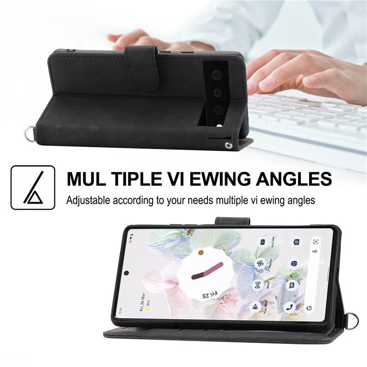 For Google Pixel 7 Pro 5G Imprinted Flowers PU Leather Stand Multiple Card Slots Case Skin-touch Phone Cover with Wrist Strap and Shoulder Strap - Black