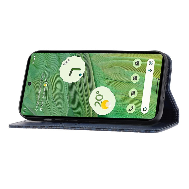 For Google Pixel 7 5G Rhombus Pattern Imprinted Calf Texture PU Leather Stand Case Magnetic Auto Closing Wallet Phone Cover with Strap - Blue