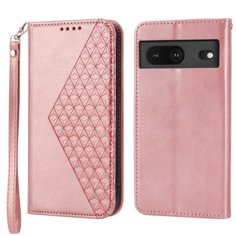 For Google Pixel 7 5G Rhombus Pattern Imprinted Calf Texture PU Leather Stand Case Magnetic Auto Closing Wallet Phone Cover with Strap - Rose Gold