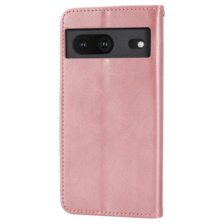 For Google Pixel 7 5G Rhombus Pattern Imprinted Calf Texture PU Leather Stand Case Magnetic Auto Closing Wallet Phone Cover with Strap - Rose Gold