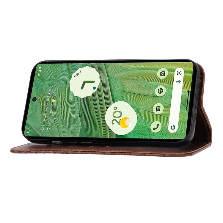 For Google Pixel 7 5G Rhombus Pattern Imprinted Calf Texture PU Leather Stand Case Magnetic Auto Closing Wallet Phone Cover with Strap - Brown