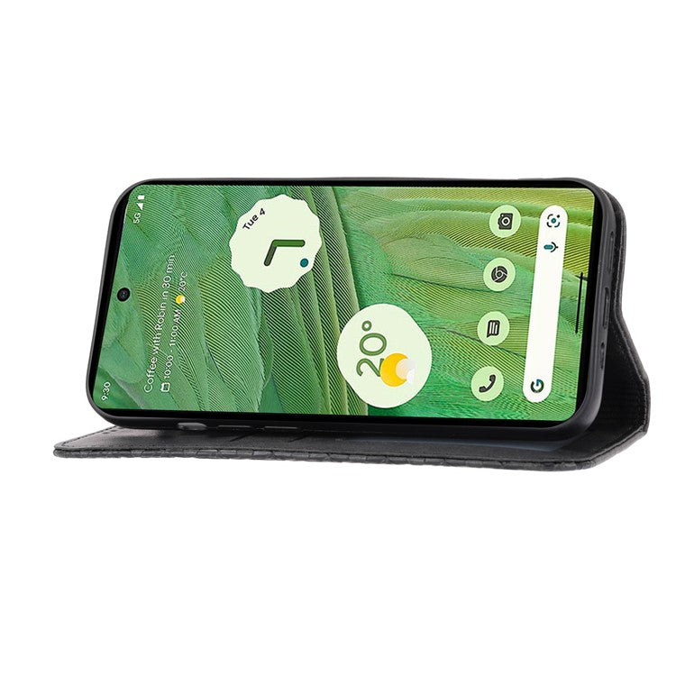 For Google Pixel 7 Pro 5G Rhombus Pattern Imprinted Stand Wallet Phone Case Calf Texture PU Leather + TPU Cover with Strap - Black