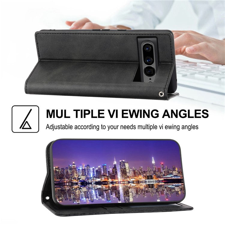 For Google Pixel 7 Pro 5G Rhombus Pattern Imprinted Stand Wallet Phone Case Calf Texture PU Leather + TPU Cover with Strap - Black