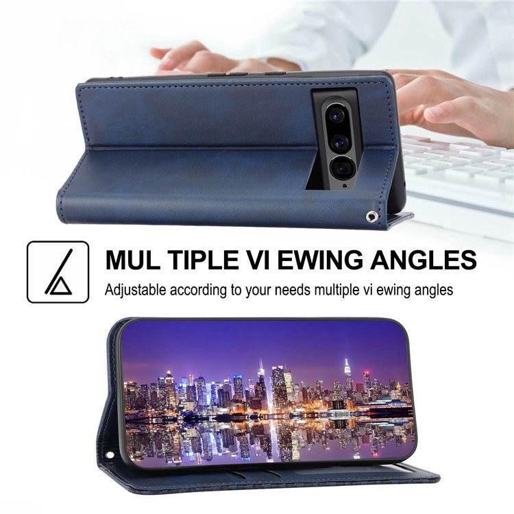 For Google Pixel 7 Pro 5G Rhombus Pattern Imprinted Stand Wallet Phone Case Calf Texture PU Leather + TPU Cover with Strap - Blue