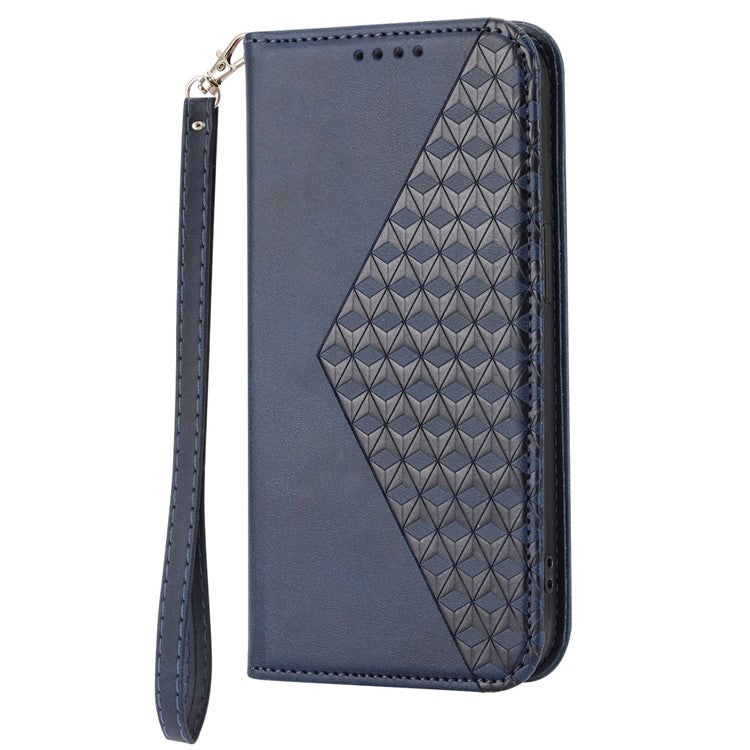 For Google Pixel 7 Pro 5G Rhombus Pattern Imprinted Stand Wallet Phone Case Calf Texture PU Leather + TPU Cover with Strap - Blue