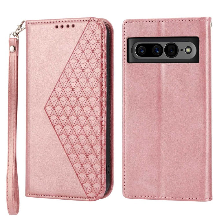 For Google Pixel 7 Pro 5G Rhombus Pattern Imprinted Stand Wallet Phone Case Calf Texture PU Leather + TPU Cover with Strap - Rose Gold
