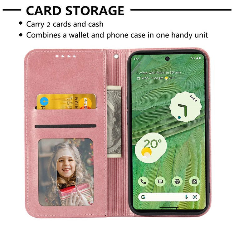 For Google Pixel 7 Pro 5G Rhombus Pattern Imprinted Stand Wallet Phone Case Calf Texture PU Leather + TPU Cover with Strap - Rose Gold