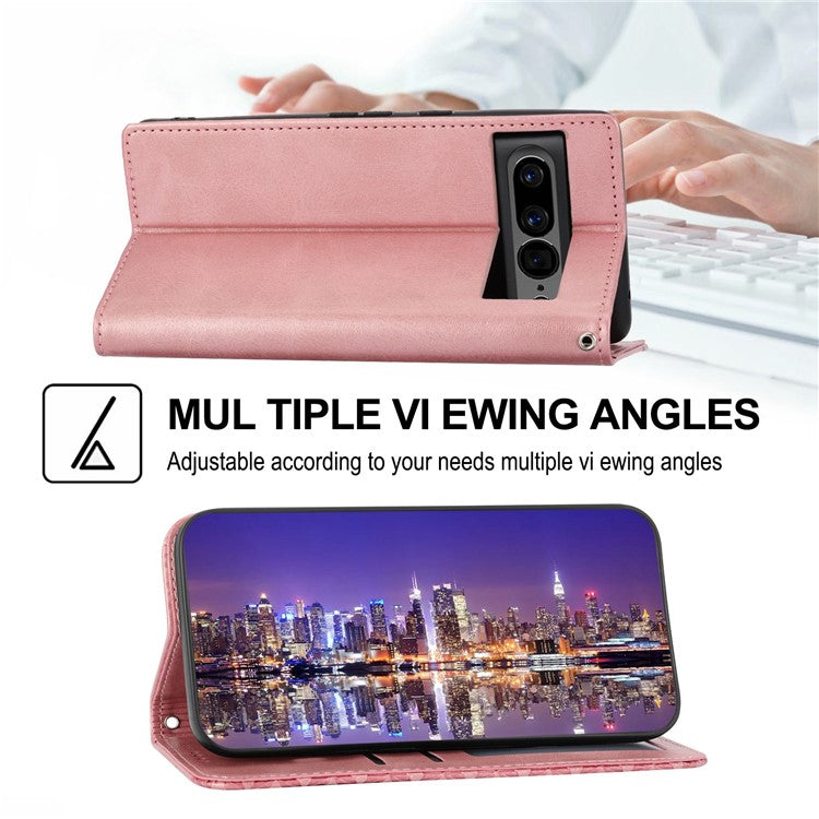 For Google Pixel 7 Pro 5G Rhombus Pattern Imprinted Stand Wallet Phone Case Calf Texture PU Leather + TPU Cover with Strap - Rose Gold