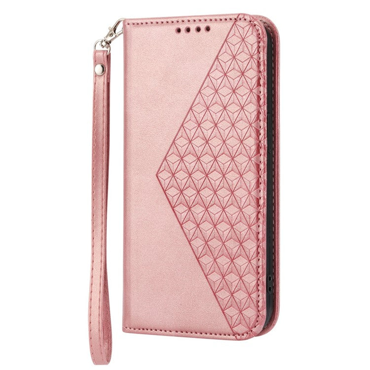 For Google Pixel 7 Pro 5G Rhombus Pattern Imprinted Stand Wallet Phone Case Calf Texture PU Leather + TPU Cover with Strap - Rose Gold