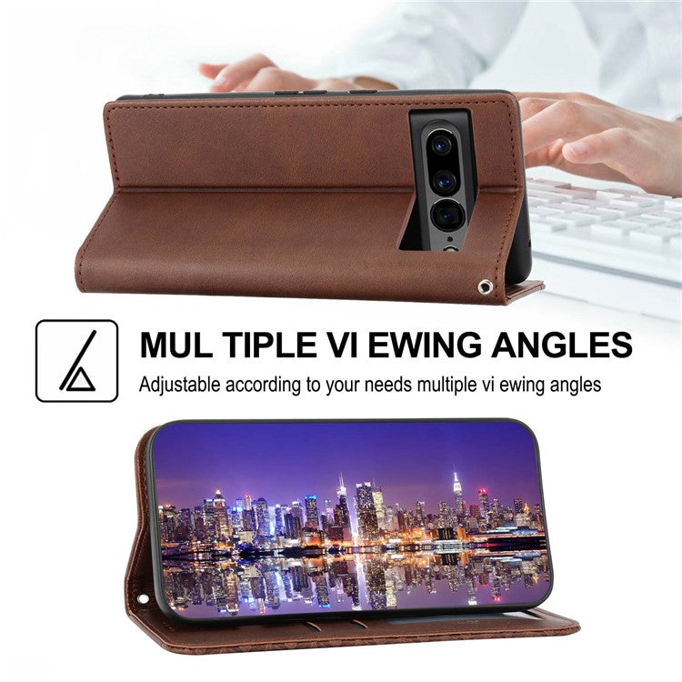 For Google Pixel 7 Pro 5G Rhombus Pattern Imprinted Stand Wallet Phone Case Calf Texture PU Leather + TPU Cover with Strap - Brown