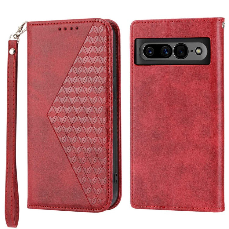 For Google Pixel 7 Pro 5G Rhombus Pattern Imprinted Stand Wallet Phone Case Calf Texture PU Leather + TPU Cover with Strap - Red