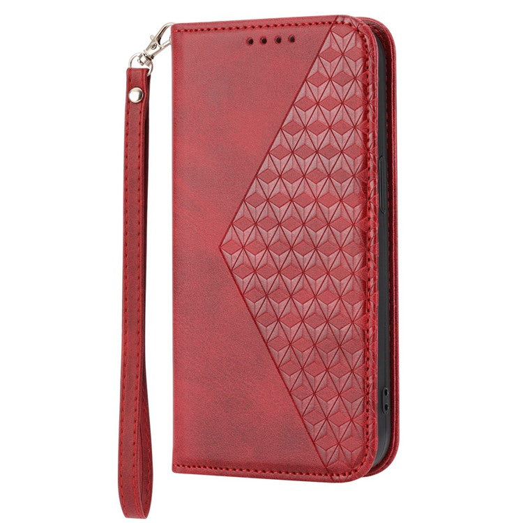 For Google Pixel 7 Pro 5G Rhombus Pattern Imprinted Stand Wallet Phone Case Calf Texture PU Leather + TPU Cover with Strap - Red