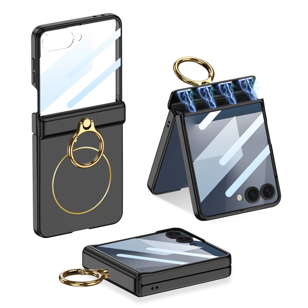 GKK For Samsung Galaxy Z Flip7 5G Magnetic Case with Ring Holder PC Tempered Glass Film Phone Cover - Black