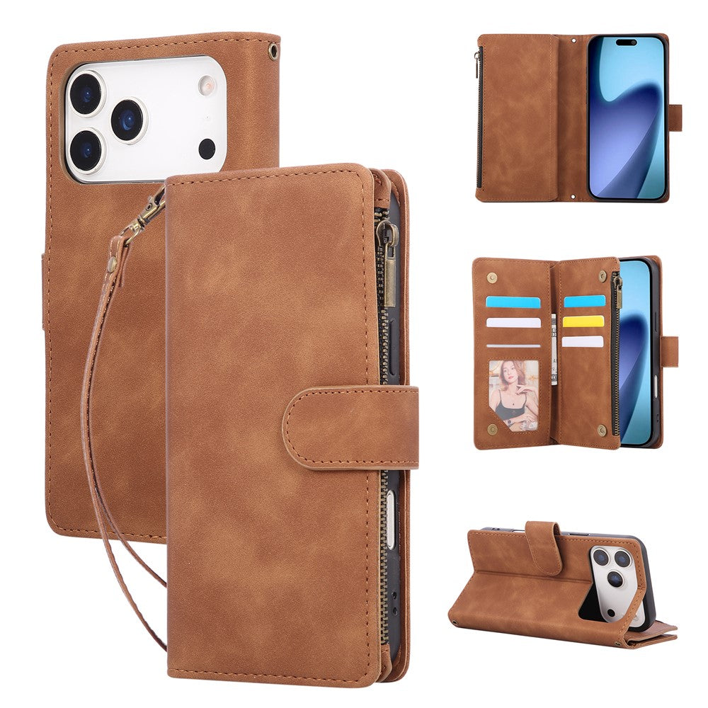 For iPhone 17 Pro Max Case Zipper Wallet Multiple Card Slots Leather Phone Cover with Wrist Strap - Brown