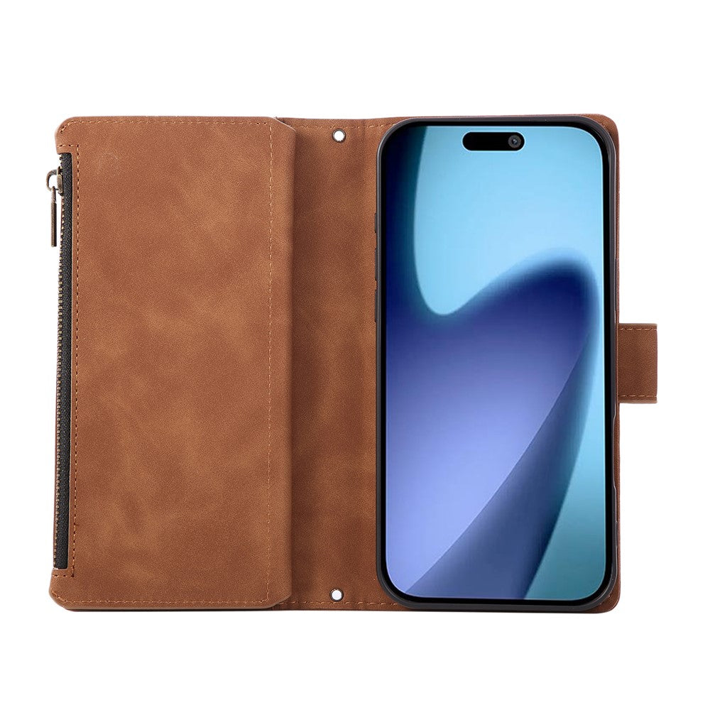 For iPhone 17 Pro Max Case Zipper Wallet Multiple Card Slots Leather Phone Cover with Wrist Strap - Brown