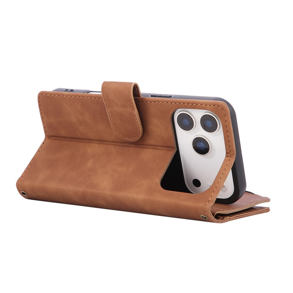 For iPhone 17 Pro Max Case Zipper Wallet Multiple Card Slots Leather Phone Cover with Wrist Strap - Brown