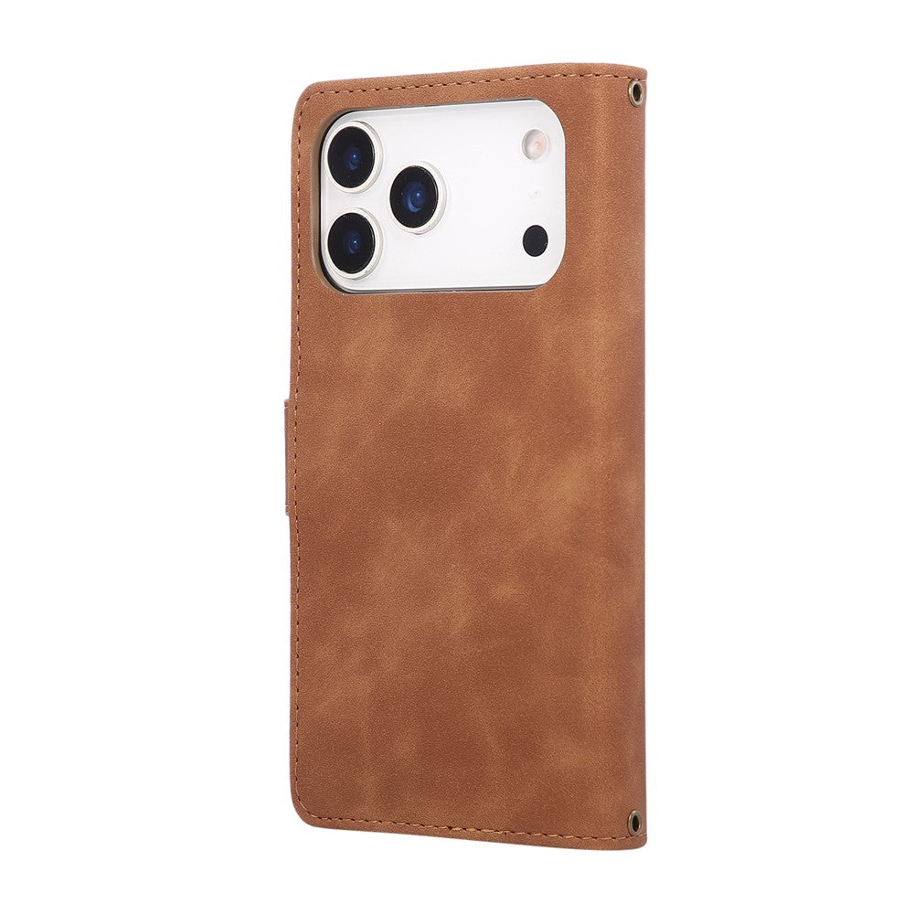 For iPhone 17 Pro Max Case Zipper Wallet Multiple Card Slots Leather Phone Cover with Wrist Strap - Brown