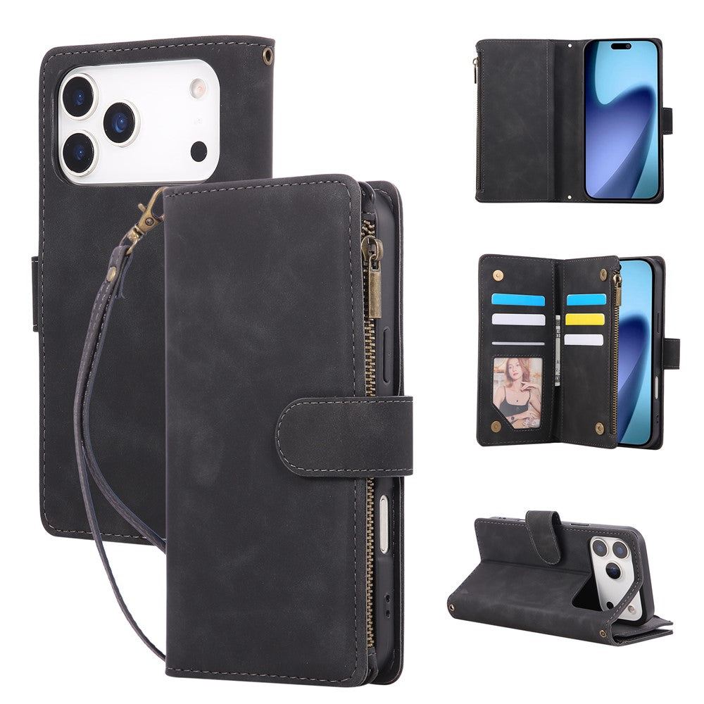 For iPhone 17 Pro Max Case Zipper Wallet Multiple Card Slots Leather Phone Cover with Wrist Strap - Black