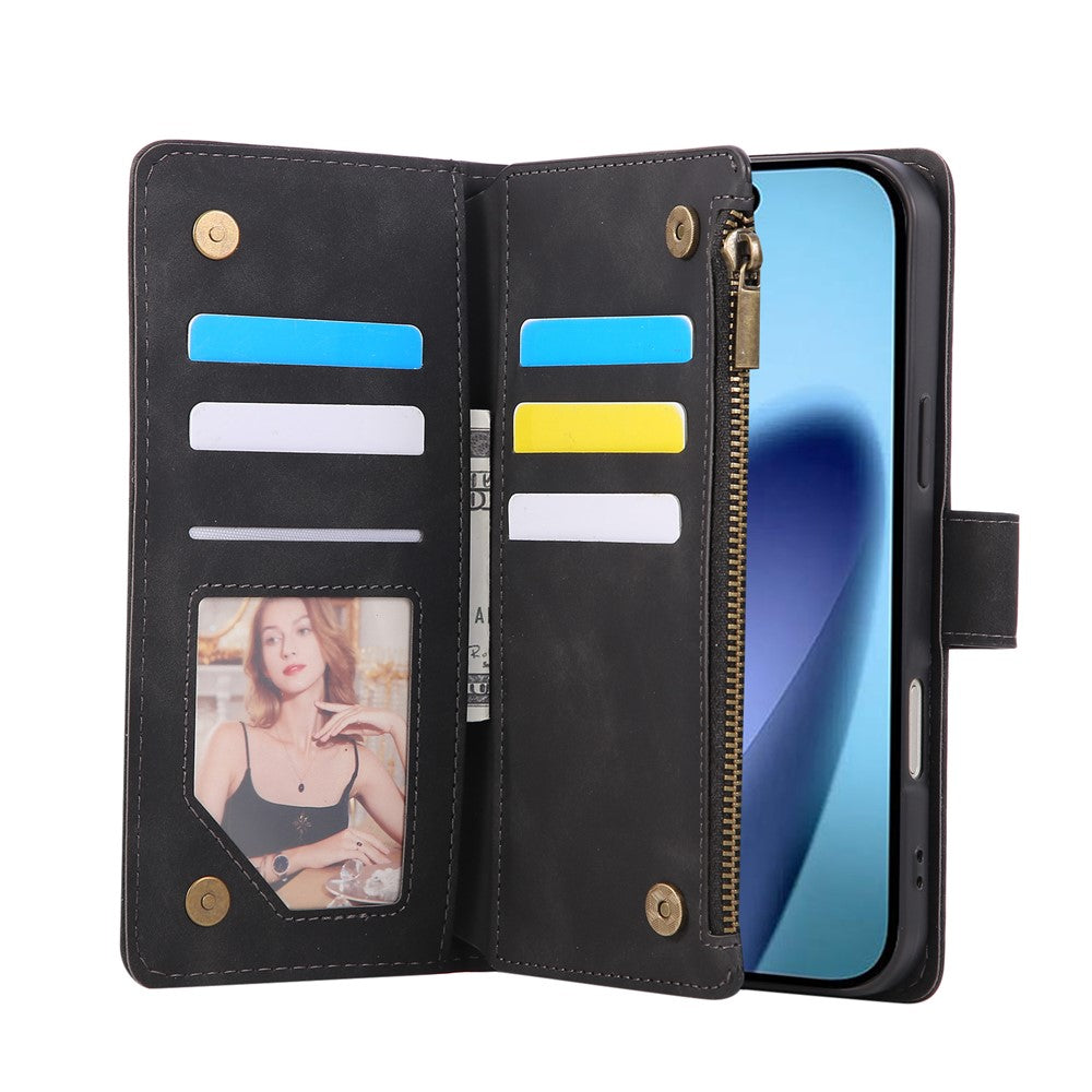 For iPhone 17 Pro Max Case Zipper Wallet Multiple Card Slots Leather Phone Cover with Wrist Strap - Black