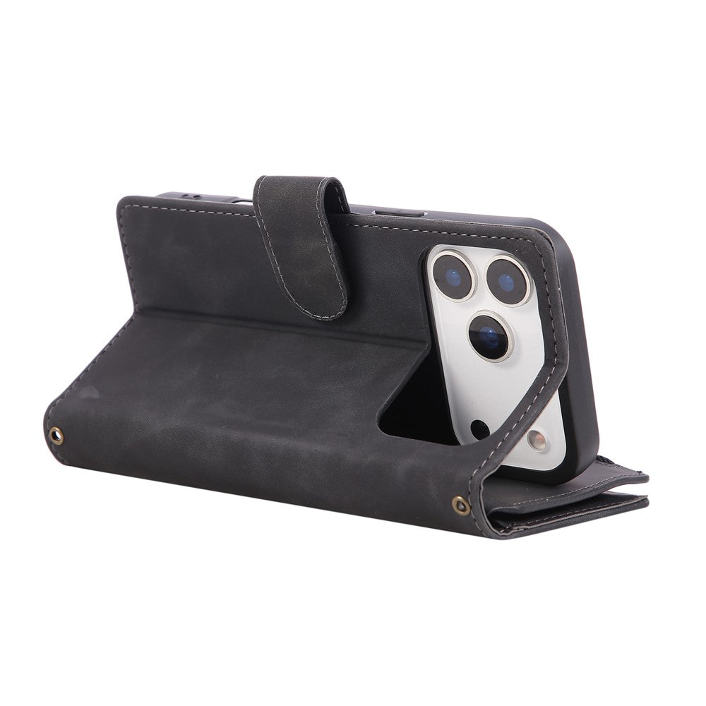 For iPhone 17 Pro Max Case Zipper Wallet Multiple Card Slots Leather Phone Cover with Wrist Strap - Black