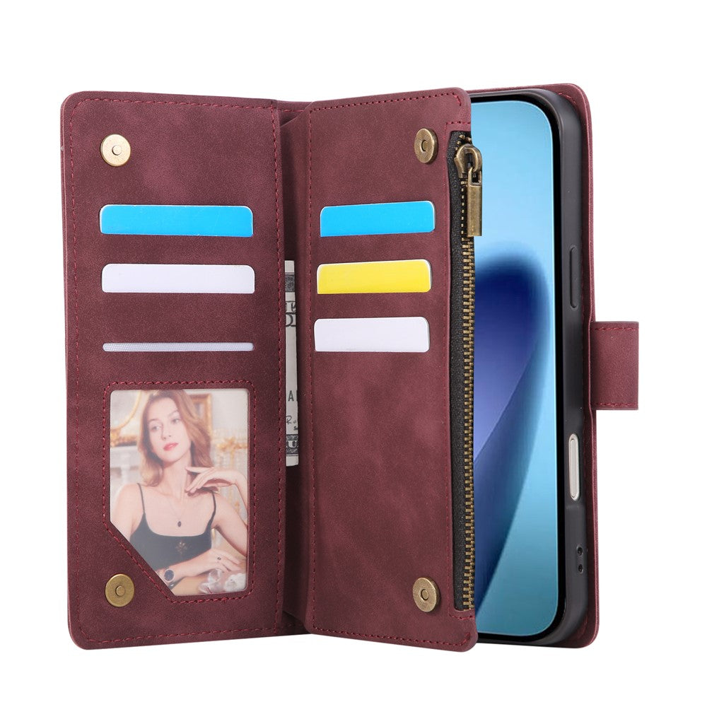 For iPhone 17 Pro Max Case Zipper Wallet Multiple Card Slots Leather Phone Cover with Wrist Strap - Wine Red