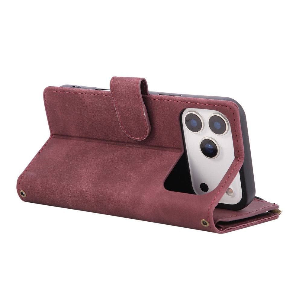 For iPhone 17 Pro Max Case Zipper Wallet Multiple Card Slots Leather Phone Cover with Wrist Strap - Wine Red