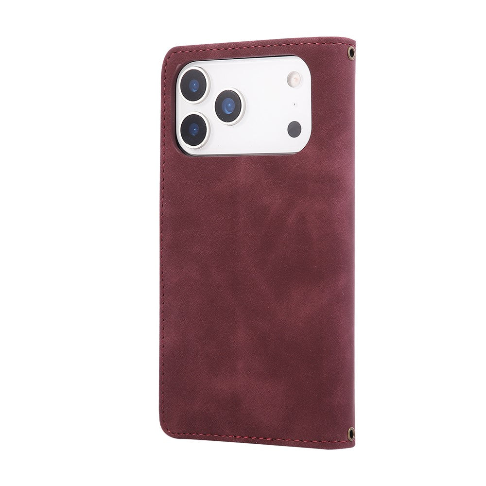 For iPhone 17 Pro Max Case Zipper Wallet Multiple Card Slots Leather Phone Cover with Wrist Strap - Wine Red