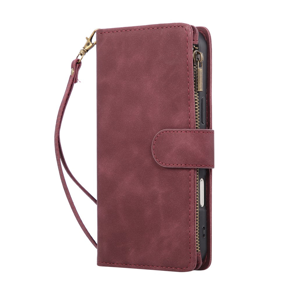 For iPhone 17 Pro Max Case Zipper Wallet Multiple Card Slots Leather Phone Cover with Wrist Strap - Wine Red