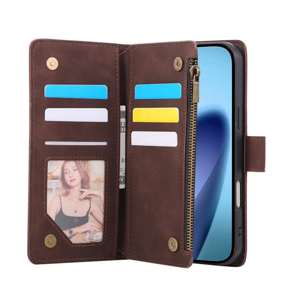 For iPhone 17 Pro Max Case Zipper Wallet Multiple Card Slots Leather Phone Cover with Wrist Strap - Coffee