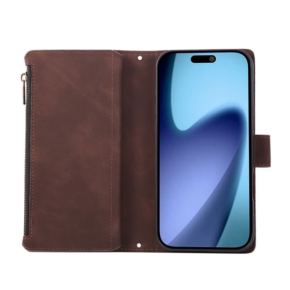 For iPhone 17 Pro Max Case Zipper Wallet Multiple Card Slots Leather Phone Cover with Wrist Strap - Coffee