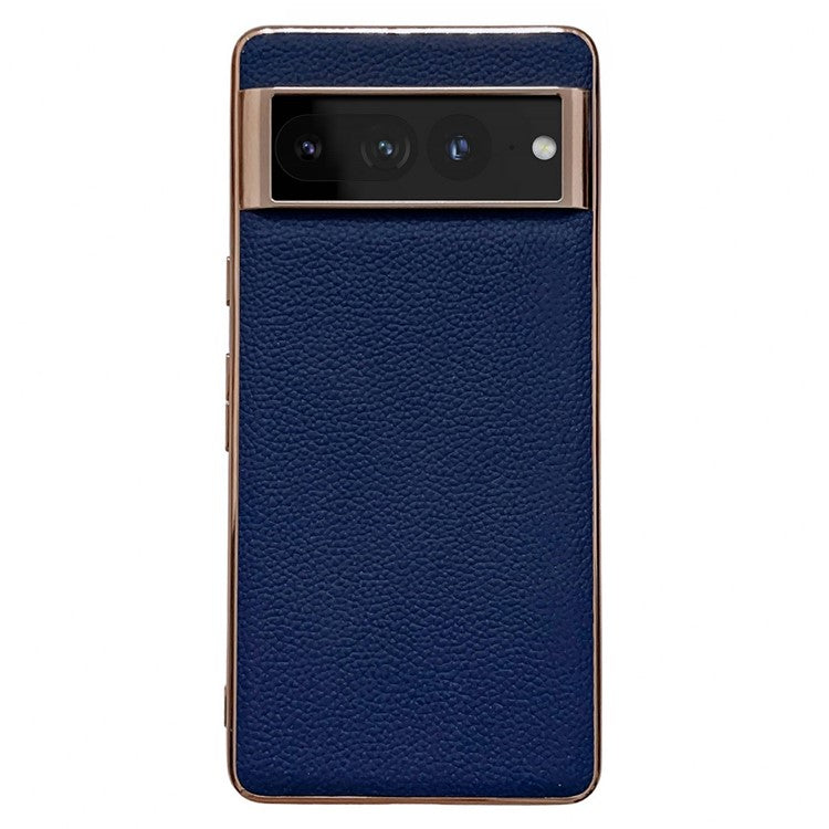 Litchi Texture Phone Shell for Google Pixel 7 Pro 5G, Nano Electroplating Back Cover Genuine Leather Coated TPU Phone Case - Sapphire