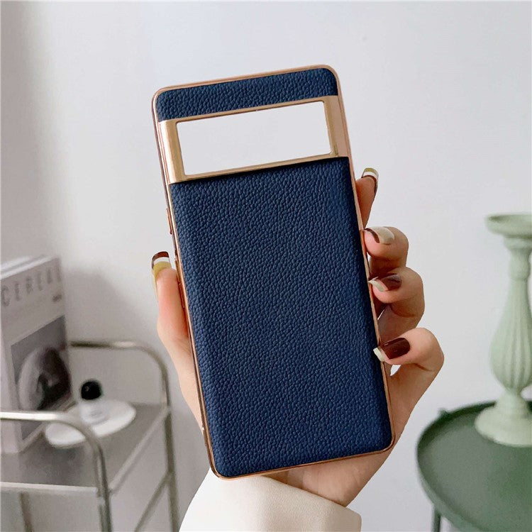 Litchi Texture Phone Shell for Google Pixel 7 Pro 5G, Nano Electroplating Back Cover Genuine Leather Coated TPU Phone Case - Sapphire