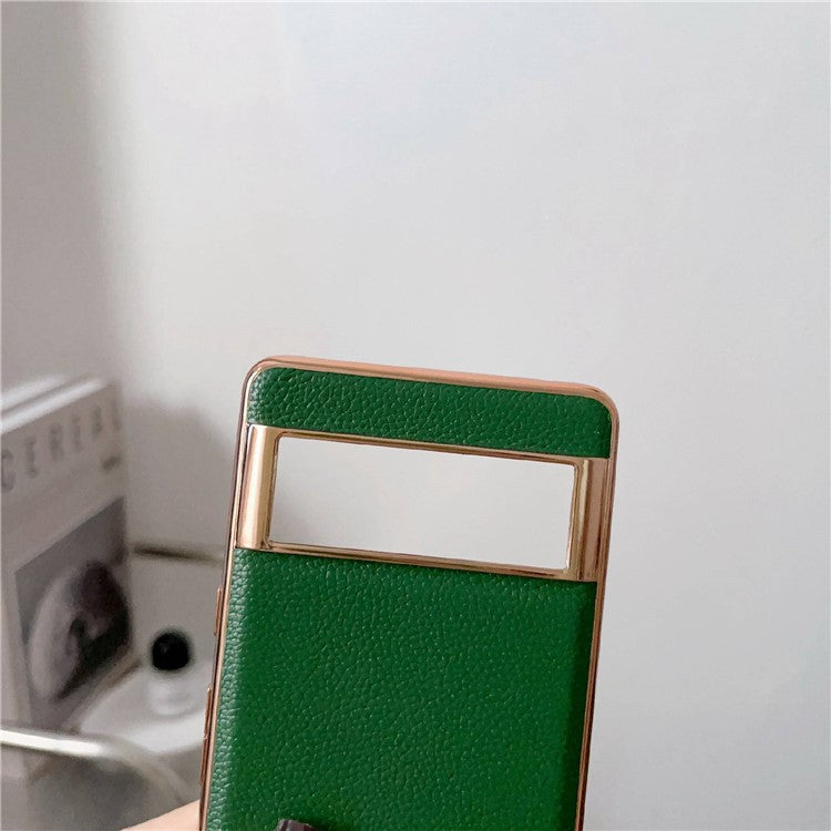 Litchi Texture Phone Shell for Google Pixel 7 Pro 5G, Nano Electroplating Back Cover Genuine Leather Coated TPU Phone Case - Blue