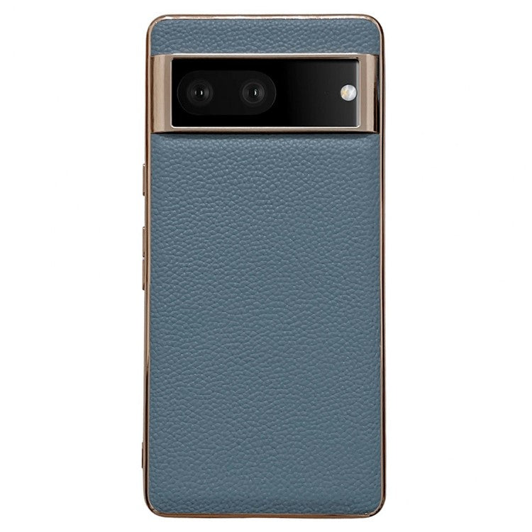 For Google Pixel 7 5G Nano Electroplating Back Cover Litchi Texture Genuine Leather Coated TPU Phone Case - Blue