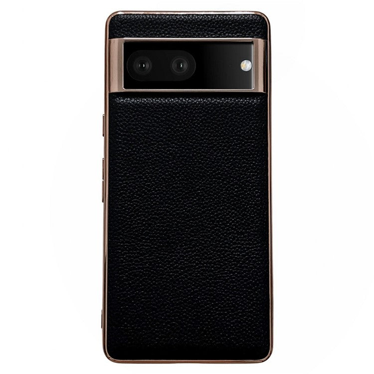 For Google Pixel 7 5G Nano Electroplating Back Cover Litchi Texture Genuine Leather Coated TPU Phone Case - Black