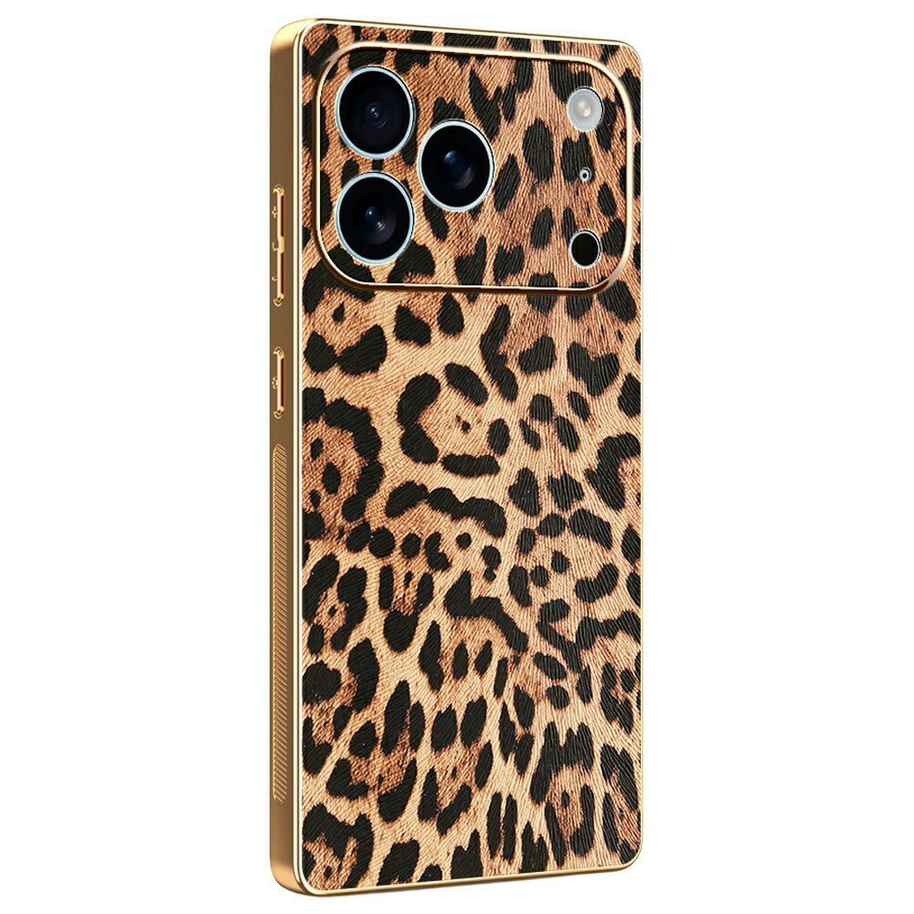 For iPhone 17 Pro Max Case Leopard Print PU Leather Coated PC + TPU Electroplating Phone Cover